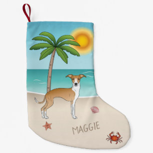 Petite Chaussette De Noël Chien Iggy Fauve Et Blanc Sur Une Plage Tropicale