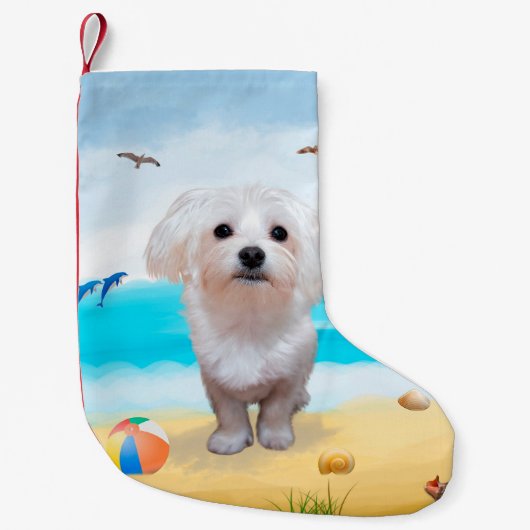 Petite Chaussette De Noël Chien maltais sur la plage (Devant)