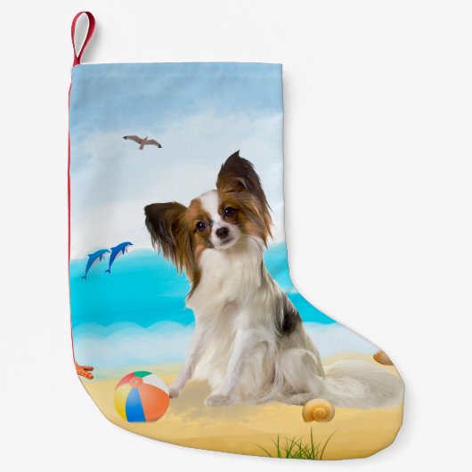 Petite Chaussette De Noël Chien Papillon sur la Plage (Devant)