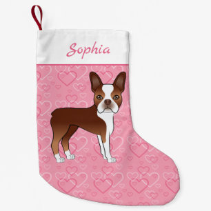 Petite Chaussette De Noël Chien Red Boston Terrier Sur Coeurs Rose Et Nom