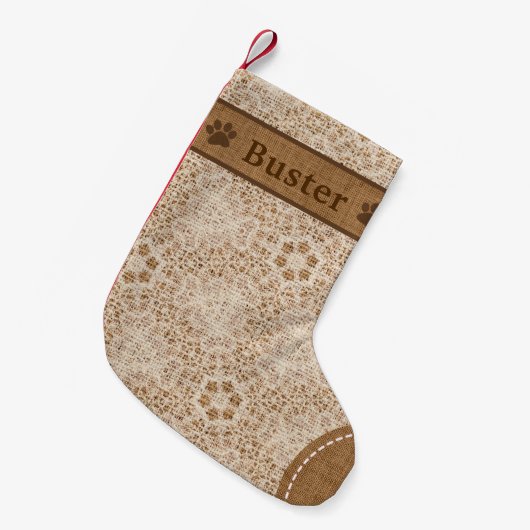 Petite Chaussette De Noël Chien Rustique Burlap & Lace Snowflake Personnalis (Devant (Accrochage))