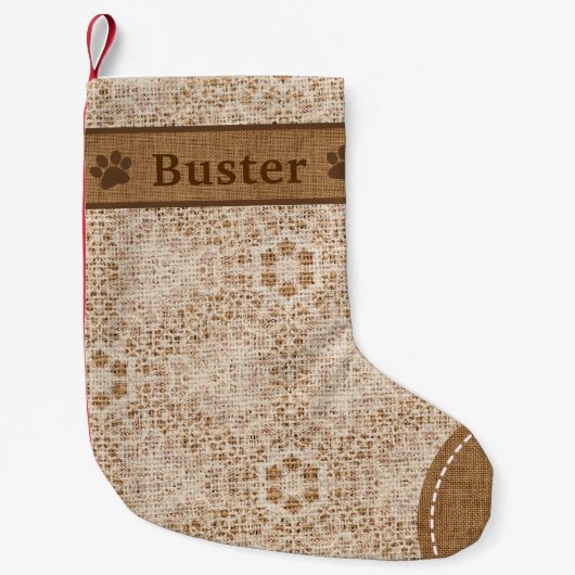 Petite Chaussette De Noël Chien Rustique Burlap & Lace Snowflake Personnalis (Devant)