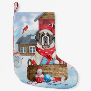 Petite Chaussette De Noël Chien Saint-Bernard dans la maison de Noël enneigé