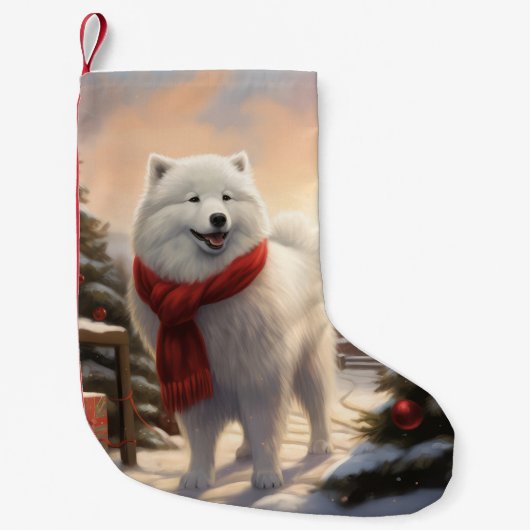 Petite Chaussette De Noël Chien Samoyé à Noël de neige (Devant)