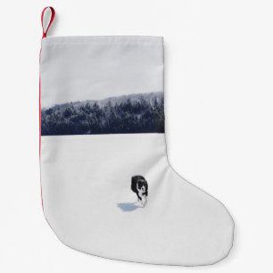 PETITE CHAUSSETTE DE NOËL CHIEN SUR UNE PLAIN DE NEIGE