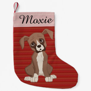 Petite Chaussette De Noël Chiot de boxeur sur un motif rouge de Noël