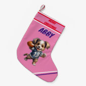 Petite Chaussette De Noël Chiot Jouant au football Noël Stocker / Nom (Devant (Accrochage))