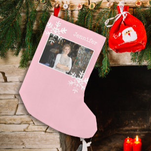 Petite Chaussette De Noël Chutes de neige blanches roses photo personnalisée