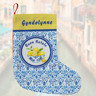 Petite Chaussette De Noël Citron Méditerranée Buon Natale Azulejo Toile Bleu