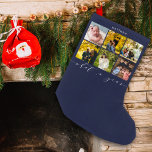 Petite Chaussette De Noël Collage photo moderne de la Marine Calligraphy Wha<br><div class="desc">Cette collection de collages à six photos moderne présente un nom monogramme et des lettres "quoi une année".</div>