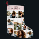Petite Chaussette De Noël Collage photo personnalisé Nom du monogramme initi<br><div class="desc">Ce stock de Noël mignon et cool est parfait pour chaque membre de votre famille. Faites un inventaire spécial et customisé pour votre décor de vacances. Il dispose de neuf photo collage personnalisable avec un nom monogramme personnalisé initial en noir et rose rose sur un simple arrière - plan rose...</div>