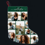 Petite Chaussette De Noël Collage photo personnalisé Nom du monogramme initi<br><div class="desc">Ce stock de Noël mignon et cool est parfait pour chaque membre de votre famille. Faites un inventaire spécial et customisé pour votre décor de vacances. Il dispose de neuf photo collage personnalisable avec un nom monogramme personnalisé initial en vert foncé et blanc sur un simple arrière - plan vert...</div>