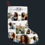 Petite Chaussette De Noël Collage photo personnalisé Nom du monogramme initi<br><div class="desc">Ce stock de Noël mignon et cool est parfait pour chaque membre de votre famille. Faites un inventaire spécial et customisé pour votre décor de vacances. Il dispose de neuf photo collage personnalisable avec un nom monogramme personnalisé initial en noir et gris sur un simple arrière - plan blanc. C'est...</div>