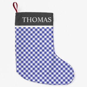 Petite Chaussette De Noël Collier bleu En vichy noir Nom personnalisé
