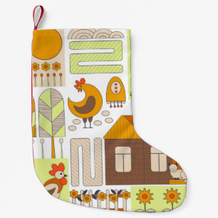 Petite Chaussette De Noël Coq et deux poules, oeufs, fleurs, maison, drawin