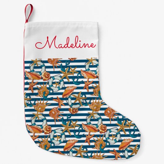 Petite Chaussette De Noël Coquillages Et Motif De Ancre| Ajouter votre nom (Devant)
