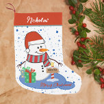 Petite Chaussette De Noël Cordial Happy Snowman Northpole<br><div class="desc">Snowman personnalisé Noël Stocking Ajoutez une touche de bonheur de vacances avec ce charmant snowman réserve de Noël! Contre un arrière - plan d'hiver enneigé, ce magasin propose un joyeux bonhomme de neige avec des cadeaux et un accueil festif "Joyeux Noël". Customisez facilement le nom au sommet pour un séjour...</div>
