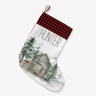Petite Chaussette De Noël Cottage Red Plaid avec nom de la forêt de bois de 