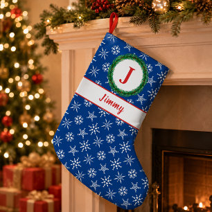Petite Chaussette De Noël Couronne Monogramme Votre Nom Flocons de Neige Ble