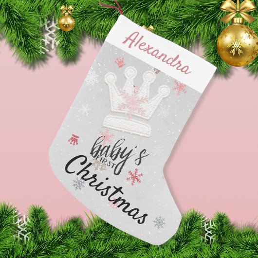 Petite Chaussette De Noël Couronnes et flocons de neige roses Premier Noël