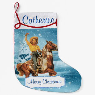 Petite Chaussette De Noël Cow-girl sur la scène d'hiver de cheval