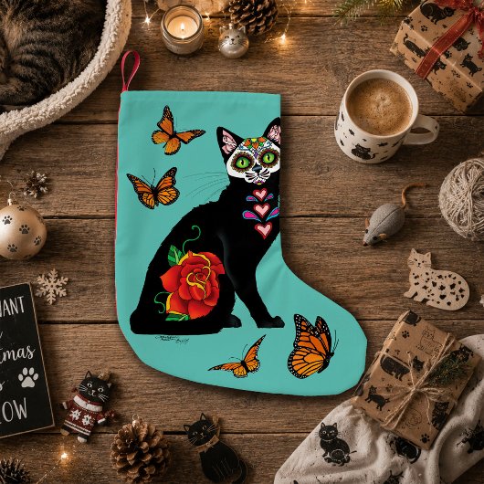 Petite Chaussette De Noël Crâne de Sucre Chat Noir Rose Turquoise Cœur