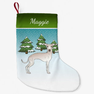 Petite Chaussette De Noël Crème Chien Italien Gris Dans Une Forêt D'Hiver