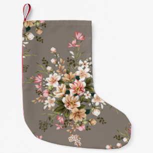 Petite Chaussette De Noël Crème, fleurs roses sur gris.