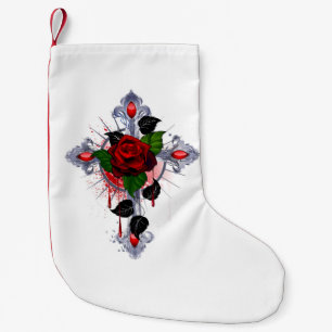 Petite Chaussette De Noël Croix d'argent avec une rose rouge