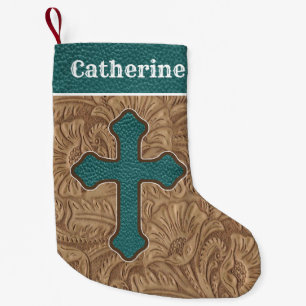 Petite Chaussette De Noël Cuir Western Cross Faux Imprimer Turquoise/Brown