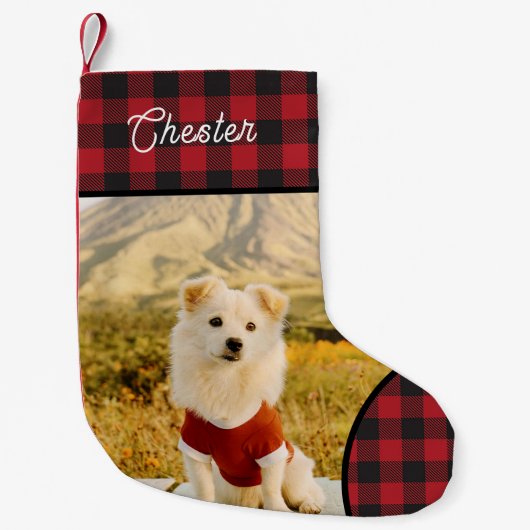 Petite Chaussette De Noël Custom Dog Photo & Name Buffalo Plaid (Devant)
