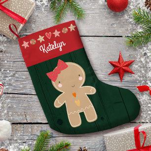 Petite Chaussette De Noël Cute Gingerbread Girl Nom de vacances Rustic Green