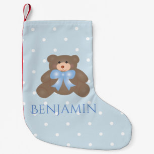 Petite Chaussette De Noël Cute Pastel Blue Ribbon Doux Teddy Bear Baby Boy