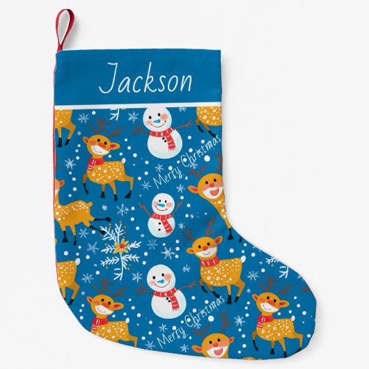 Petite Chaussette De Noël Cute Reindeer et Snowman Blue (Devant)