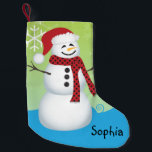 Petite Chaussette De Noël Cute Snowman Portant Un Chapeau De Père Noël Perso<br><div class="desc">Ce bas de Noël met en scène un mignon bonhomme de neige portant un chapeau de Père Noël. L'arrière - plan est coloré de bleu,  de vert citron et agrémenté de flocons de neige et de tourbillons. Le texte personnalisable vous permet de personnaliser avec votre nom.</div>