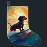 Petite Chaussette De Noël Dachshund Beach Surf Peinture<br><div class="desc">Plongez dans le monde ludique de l'aventure canine avec cette peinture captivante. Un chien en ébullition se rend aux vagues, chevauchant habilement le surf sur une plage baisée par le soleil. L'oeuvre d'art vibrante capte magnifiquement l'essence de l'excitation au bord de la plage tandis que le chien court sans crainte...</div>