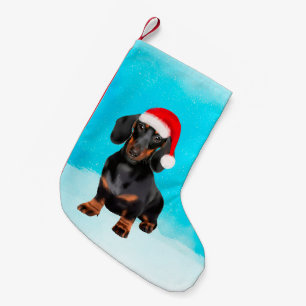 Petite Chaussette De Noël Dachshund Chien dans le Casquette de Noël de neige