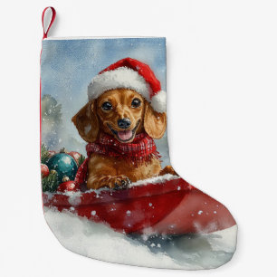 Petite Chaussette De Noël Dachshund Chien en Luge Laissez Tomber la Neige No