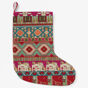Petite Chaussette De Noël Damas, floral et géométrique avec patchwo coloré