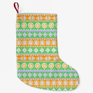 Petite Chaussette De Noël Décor ethnique motif vert orange