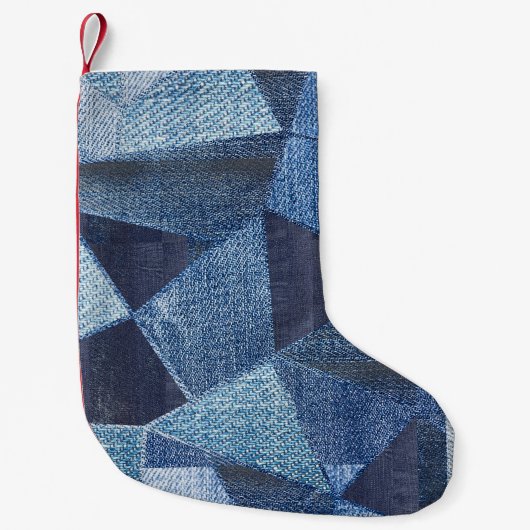 Petite Chaussette De Noël Denim Urban : Patchwork à rayures détendues. (Devant)