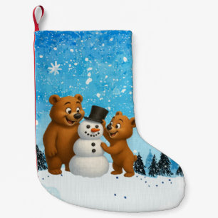 Petite Chaussette De Noël des ours mignons construisant un bonhomme de neige