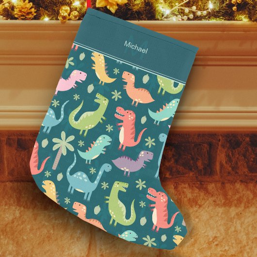 Petite Chaussette De Noël Dinosaur Motif Blue Kid Monogram Garçon