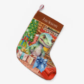 Petite Chaussette De Noël Dinosaure de Noël ajouter nom (Devant (Accrochage))