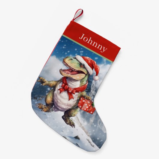 Petite Chaussette De Noël Dinosaure de Noël ajouter nom (Devant (Accrochage))