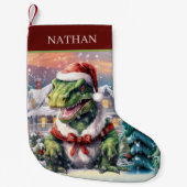 Petite Chaussette De Noël Dinosaure de Noël ajouter nom (Devant)