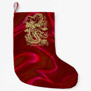 Petite Chaussette De Noël Dragon d'or embouti sur papier satin rouge