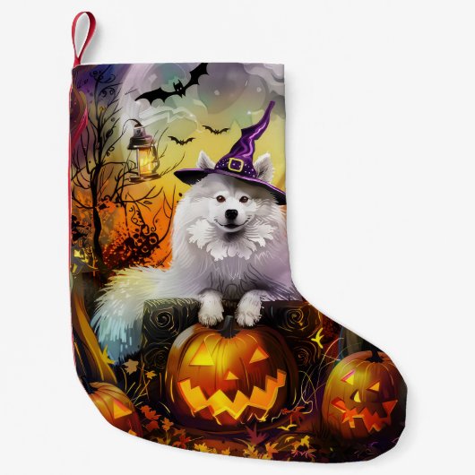 Petite Chaussette De Noël Éffrayant Samoyed Chien Halloween sorcière et Citr (Devant)