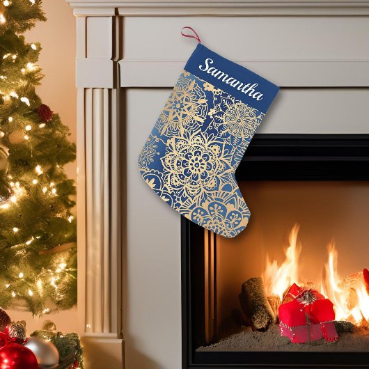 Petite Chaussette De Noël Elégant Motif Mandala bleu et or