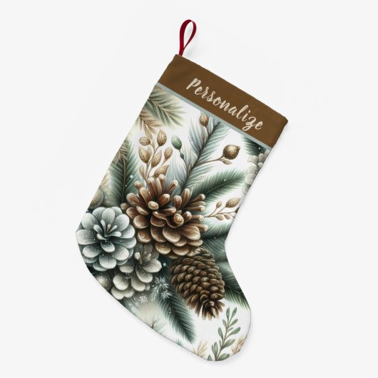 Petite Chaussette De Noël Elegant Pinecones Silver and Bronze Personalized (Devant (Accrochage))